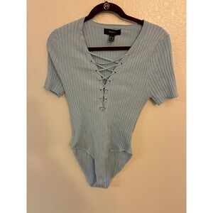 Forever 21 Plus Ribbed Lace Up Bodysuit Light Blue Short Sleeve 2X